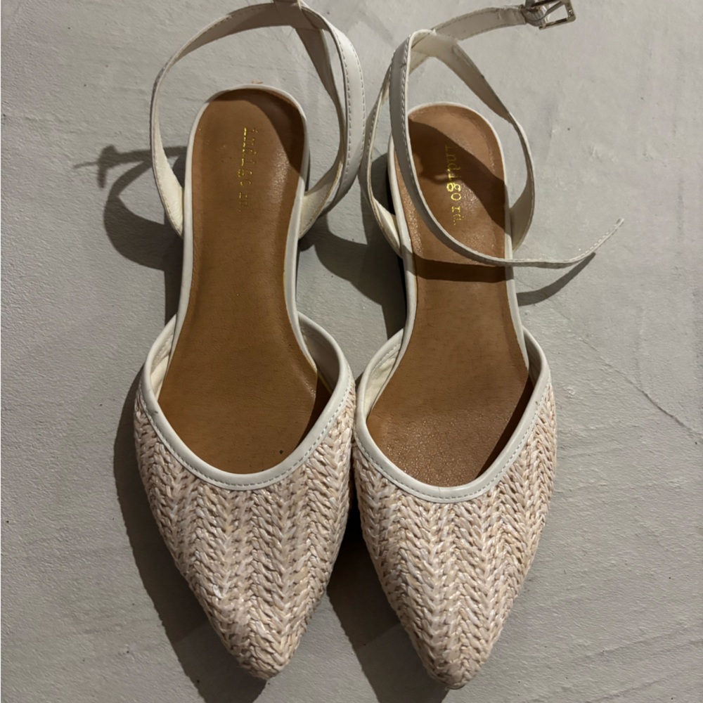 Indigo Woven Cream Ankle Strap Flats